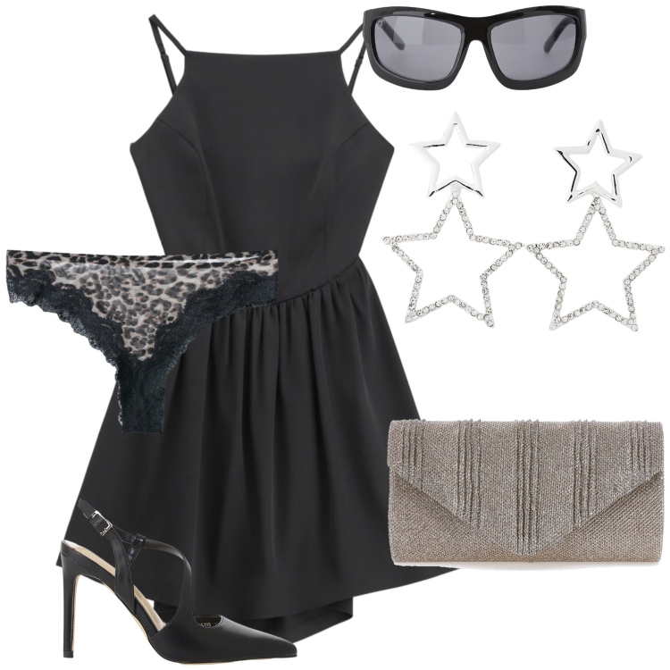 Outfit donna - Tocco maculato sotto le stelle. Stile Glamour per Serata fuori. Abbinamento con culotte, orecchini, décolleté, occhiali da sole, vestiti corti, clutch.
