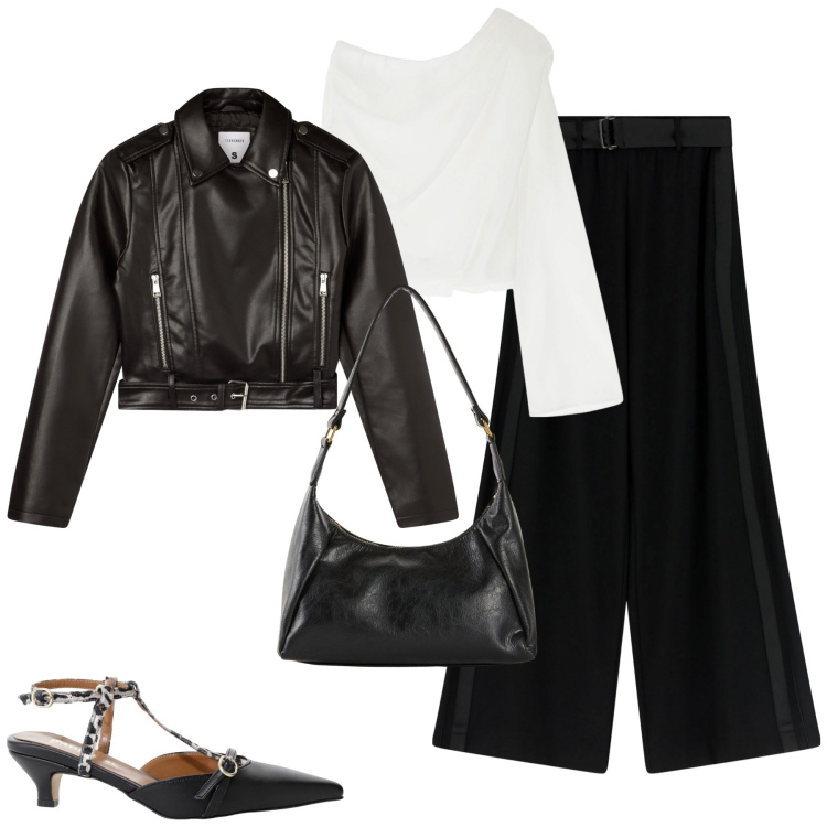 Outfit donna - A cena. Stile Trendy per Serata fuori. Abbinamento con borse a mano, giacche, décolleté, bluse, pantaloni.