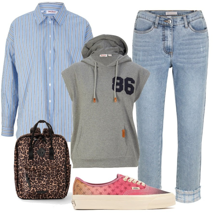 Outfit femme - Septembre 2025. Style Tendance pour Ecole/Université. Assortir avec jeans, sacs à dos, chemisiers, sweats à capuche, sneakers.
