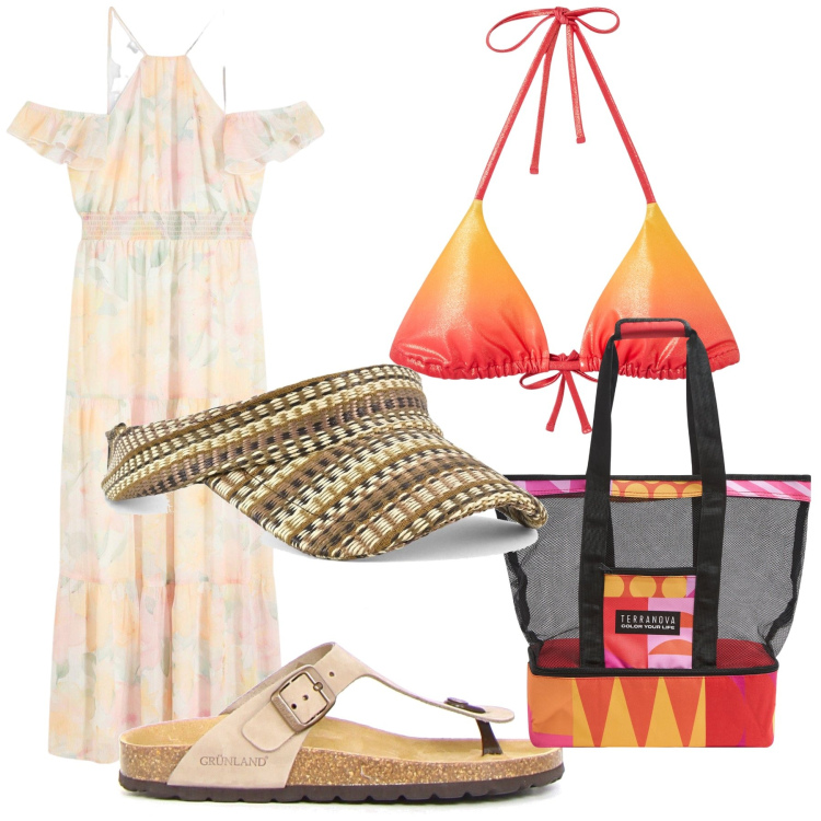 Outfit donna - Ancora mare. Stile Trendy per Mare. Abbinamento con vestiti lunghi, borse tote, bikini, cappelli con visiera, infradito.