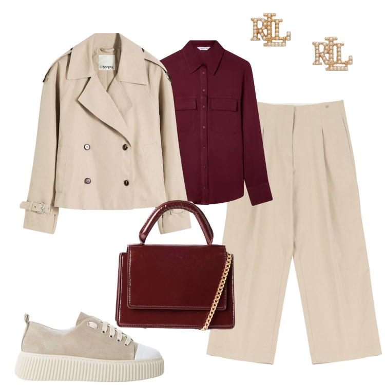 Outfit donna - Il trench corto. Stile Casual chic per Tutti i giorni. Abbinamento con trench, camicie, borse a tracolla, pantaloni a palazzo, sneakers, orecchini.
