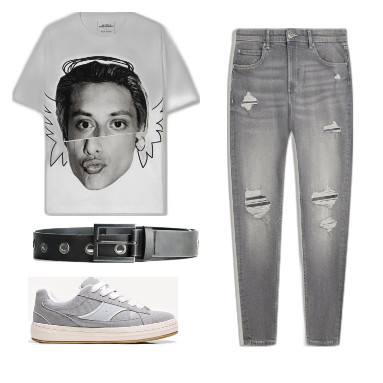 Outfit hombre - Casual #14668. Estilo Casual para Todos los días. Combinación con camiseta, sneakers, vaqueros rotos, cinturones.