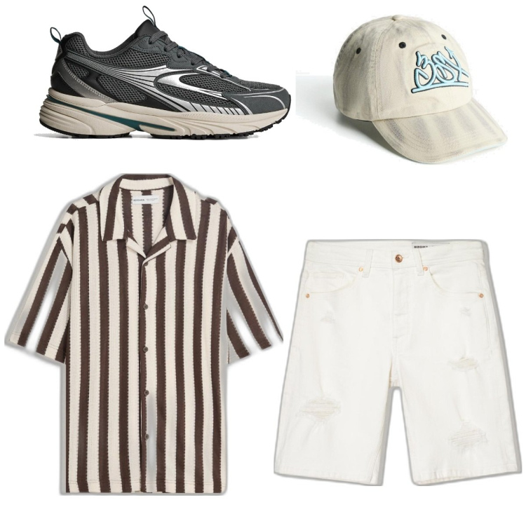Outfit hombre - Casual #14669. Estilo Casual para Todos los días. Combinación con bermudas, sombreros, camisas de manga corta, sneakers.