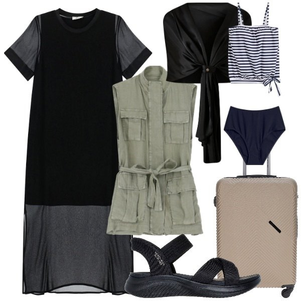 Outfit donna - Vado in ferie a settembre -@valery582. Stile Casual chic per Mare. Abbinamento con costumi interi, scialli, vestiti midi/longuette, gilet, valigie, sandali col tacco.