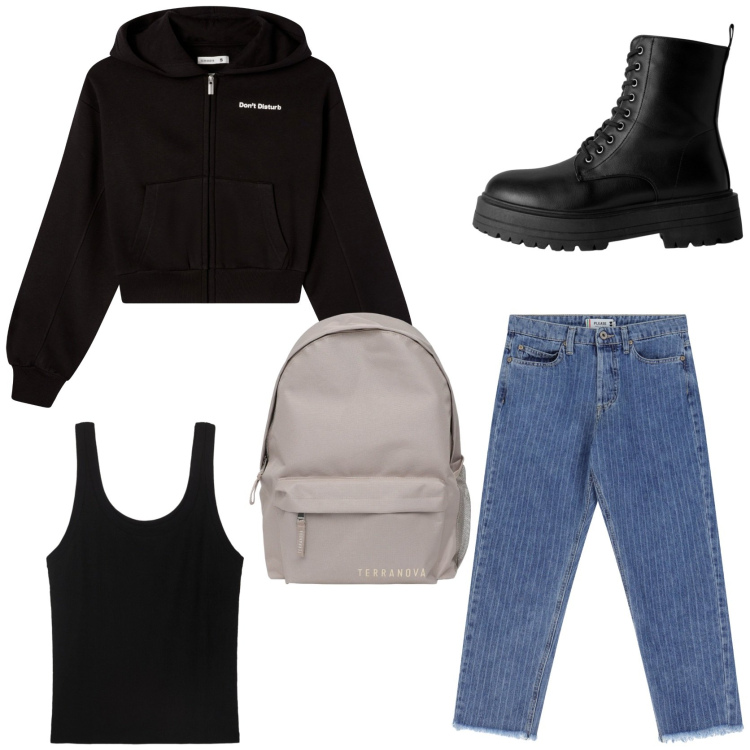 Outfit donna - In classe con grinta. Stile Casual per Scuola/Università. Abbinamento con felpe con cappuccio, anfibi, zaini, jeans, canottiere.
