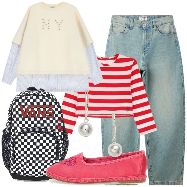 Outfit donna - Outfit per la scuola a settembre - @clor. Stile Casual chic per Scuola/Università. Abbinamento con jeans, t-shirt, felpe, orecchini, ballerine, zaini.