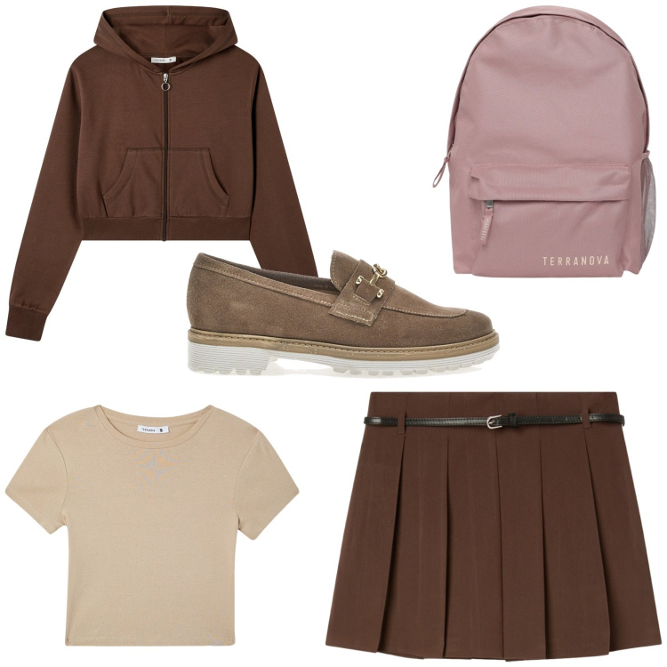 Outfit donna - Preppy girl. Stile Preppy per Scuola/Università. Abbinamento con zaini, minigonne, felpe con cappuccio, t-shirt, mocassini.