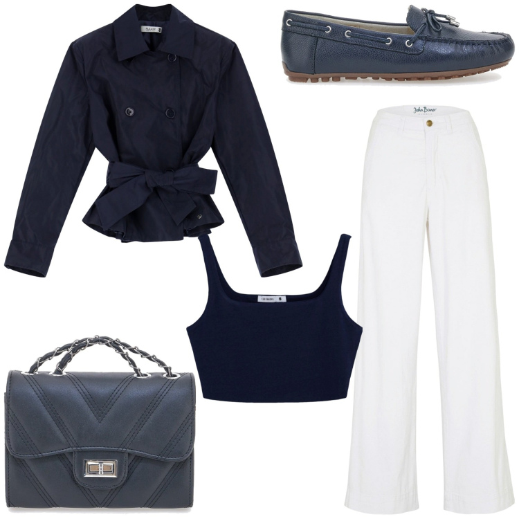 Outfit donna - Cropped trench di tendenza. Stile Trendy per Tutti i giorni. Abbinamento con jeans, reggiseni, blazer, borse a tracolla, mocassini.