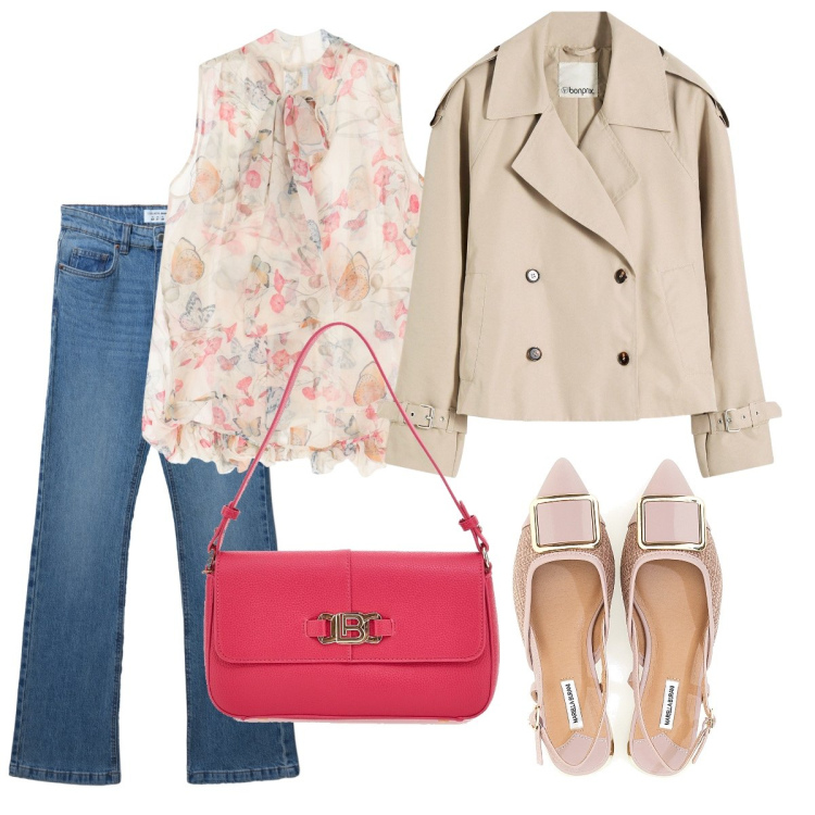 Outfit donna - Il trench corto. Stile Bon Ton per Tutti i giorni. Abbinamento con trench, jeans bootcut, camicie, ballerine, borse a spalla.