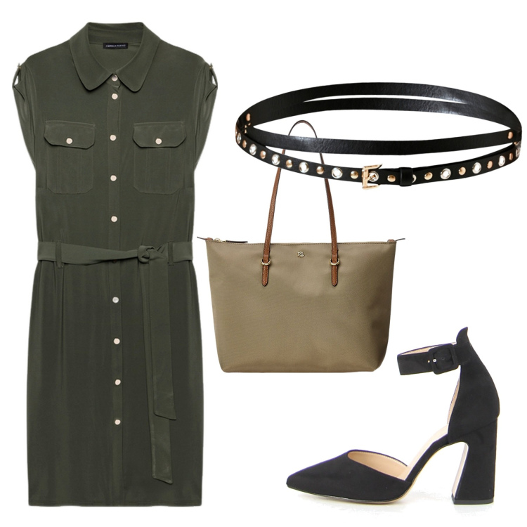 Outfit donna - Total look #2238567. Stile Minimal per Ufficio. Abbinamento con cinture, borse tote, vestiti chemisier, sandali in pelle.