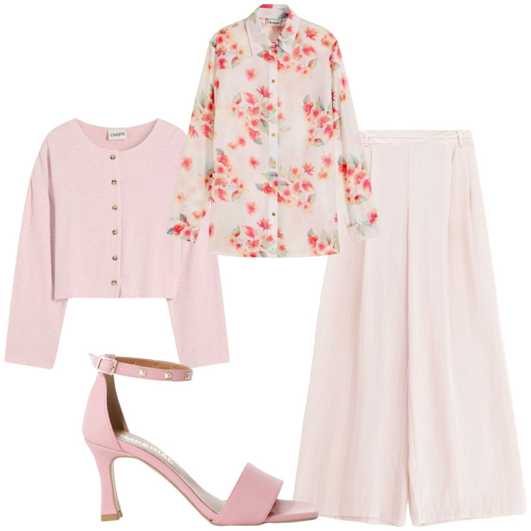 Outfit donna - Total look #2238569. Stile Bon Ton per Tutti i giorni. Abbinamento con bluse, cardigans, pantaloni a palazzo, sandali col tacco.