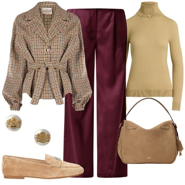 Outfit donna - Minimal chic autunnale - FDC. Stile Chic per Ufficio. Abbinamento con pantaloni a palazzo, caban, mocassini, orecchini, borse a mano, maglieria.