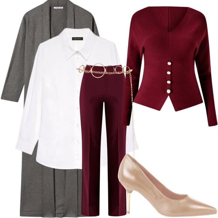 Outfit donna - Ufficio in RED. Stile Minimal per Ufficio. Abbinamento con cardigans, maglieria, cinture, pantaloni a palazzo, décolleté, camicie.