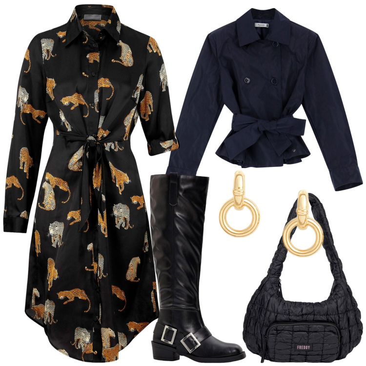 Outfit donna - Nuove tendenze chemisier curvy. Stile Glamour per Serata fuori. Abbinamento con vestiti chemisier, stivali sopra il ginocchio, blazer, borse a spalla, orecchini.