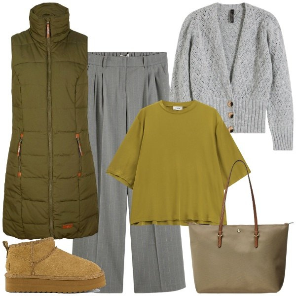 Outfit donna - Minimal chic autunnale - FDC. Stile Minimal per Ufficio. Abbinamento con cardigans, gilet, pantaloni a palazzo, top, borse tote, stivaletti.