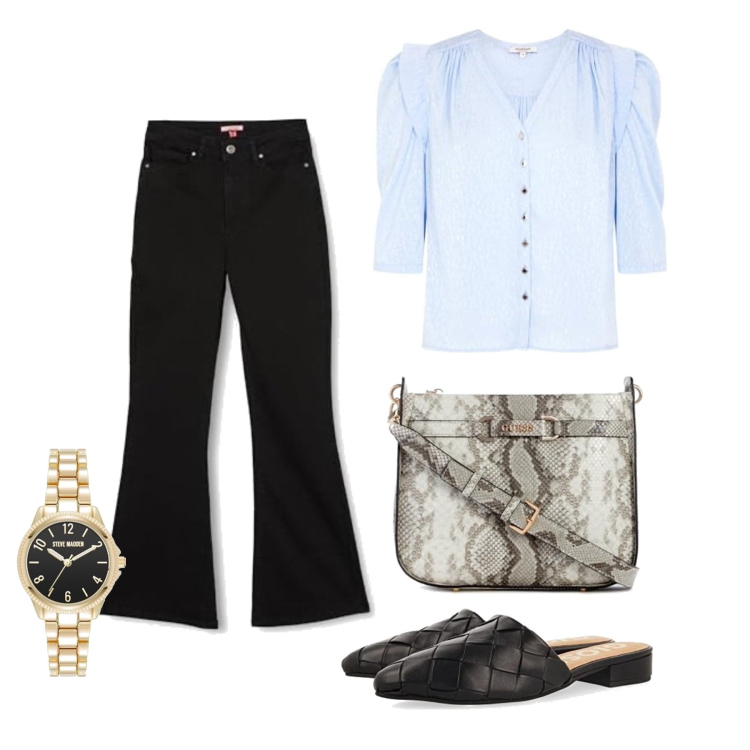 Outfit femme - Septembre. Style Casual pour Bureau. Assortir avec jean patte d'éléphant, ballerines, montres analogiques, sacs à main, chemisiers.