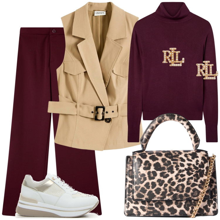 Outfit donna - Minimal chic autunnale. Stile Chic per Ufficio. Abbinamento con gilet, pantaloni, maglieria, borse a tracolla, orecchini, sneakers.