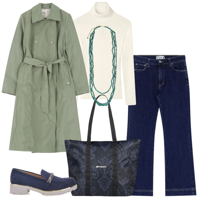 Outfit donna - Fall Collection - fw26. Stile Urban per Tutti i giorni. Abbinamento con maglieria, jeans a zampa, trench, shopping bag, mocassini, collane.