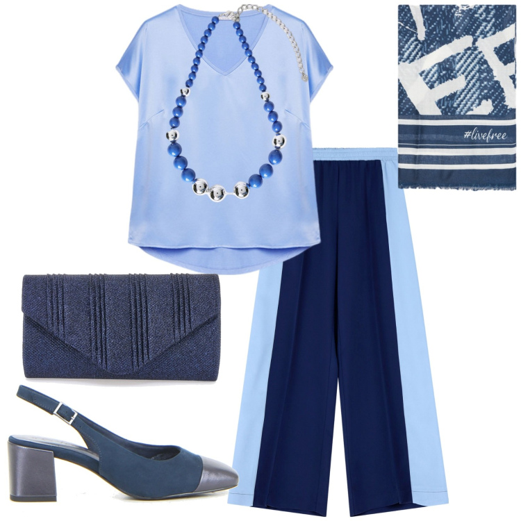 Outfit donna - Total look #2238592. Stile Bon Ton per Ufficio. Abbinamento con pantaloni, t-shirt, collane, clutch, foulard, décolleté.