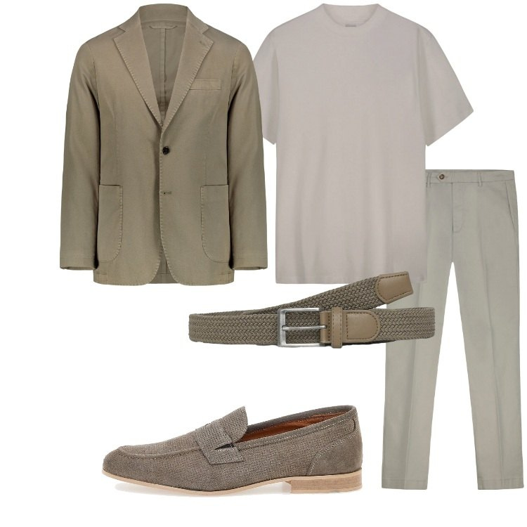 Outfit uomo - Da mattina a sera. Stile Business/Elegante per Ufficio. Abbinamento con cinture, scarpe stringate, giacche, pantaloni chino, t-shirt.