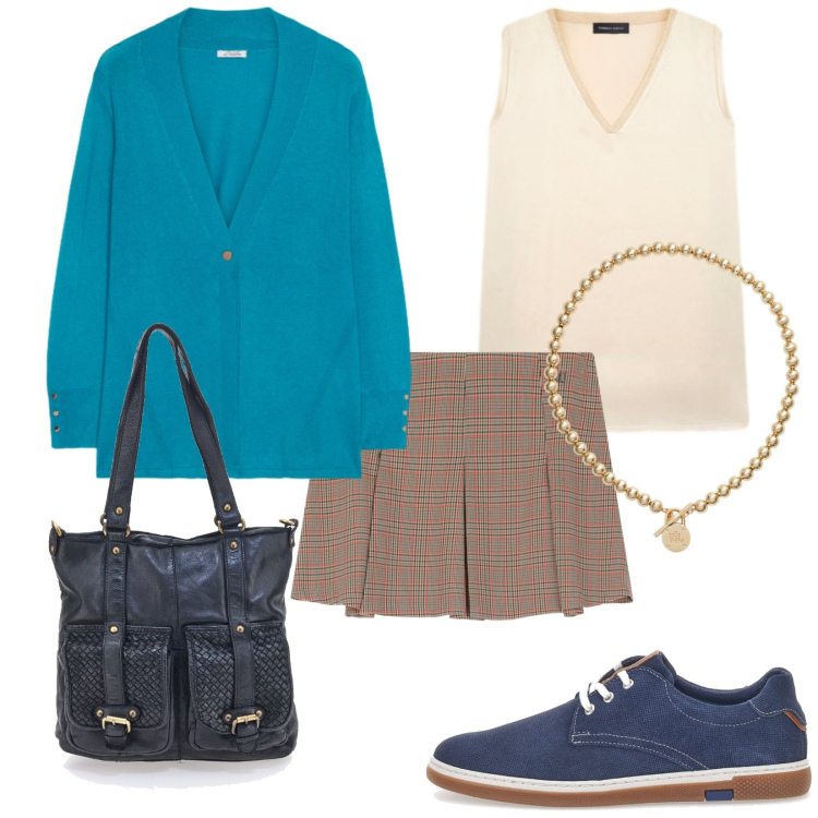 Outfit donna - SettembrE. Stile Trendy per Tutti i giorni. Abbinamento con minigonne, collane, cardigans, top, scarpe stringate, borse a spalla.