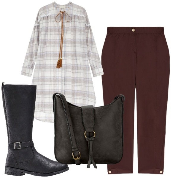 Outfit donna - Nuove tendenze: il ritorno del tartan. Stile Casual chic per Tutti i giorni. Abbinamento con borse a tracolla, stivali, vestiti, pantaloni chino.