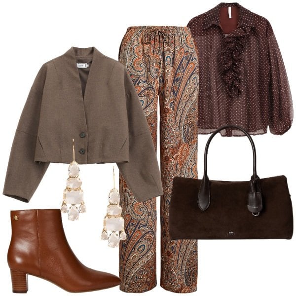 Outfit donna - Benvenuto settembre. Stile Bon Ton per Ufficio. Abbinamento con blazer, camicie, borse a mano, stivaletti, pantaloni, orecchini.