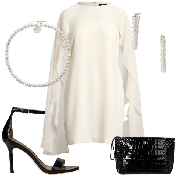 Outfit donna - Festival del cinema. Stile Chic per Cerimonia. Abbinamento con vestiti a tubino, collane, orecchini, pochette, sandali in pelle.