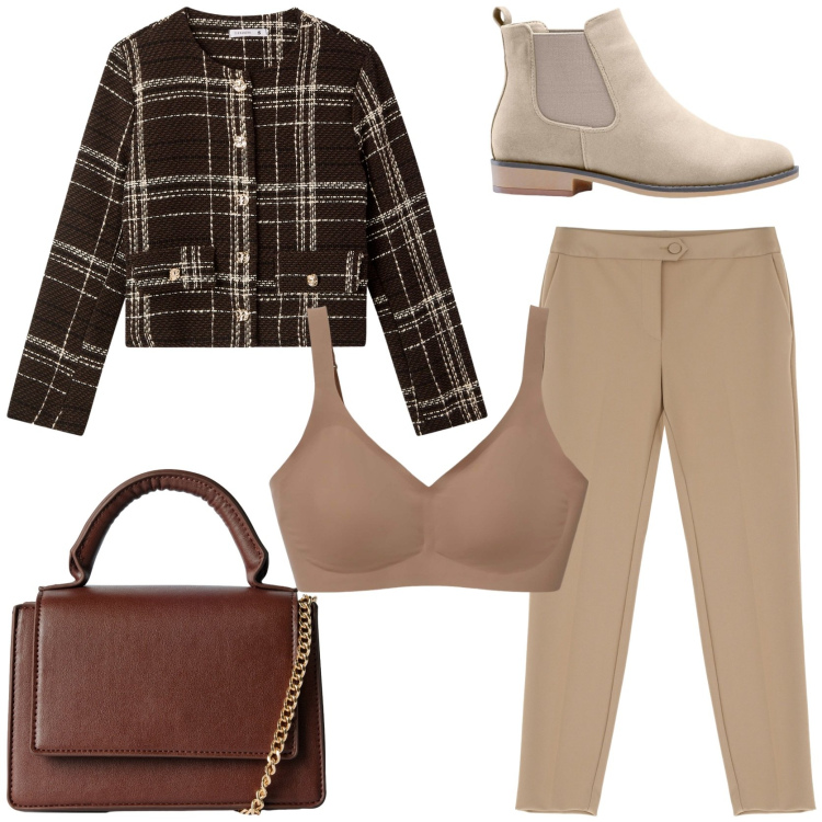 Outfit donna - Il ritorno del tartan. Stile Trendy per Tutti i giorni. Abbinamento con stivaletti chelsea, reggiseni, borse a tracolla, blazer, pantaloni.