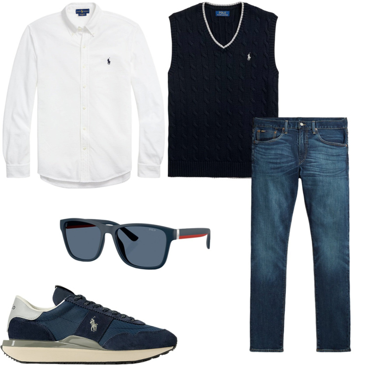 Outfit uomo - Alla moda con i jeans. Stile Urban per Tutti i giorni. Abbinamento con camicie, sneakers, occhiali da sole, jeans, maglieria.