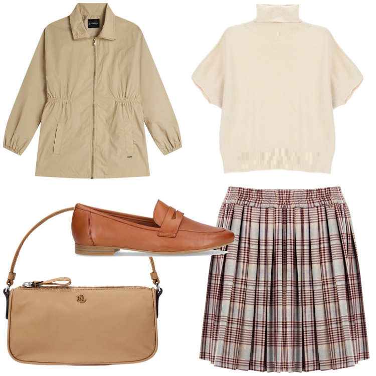 Outfit donna - Tartan di tendenza. Stile Casual chic per Tutti i giorni. Abbinamento con minigonne, maglieria, parka, pochette, mocassini.