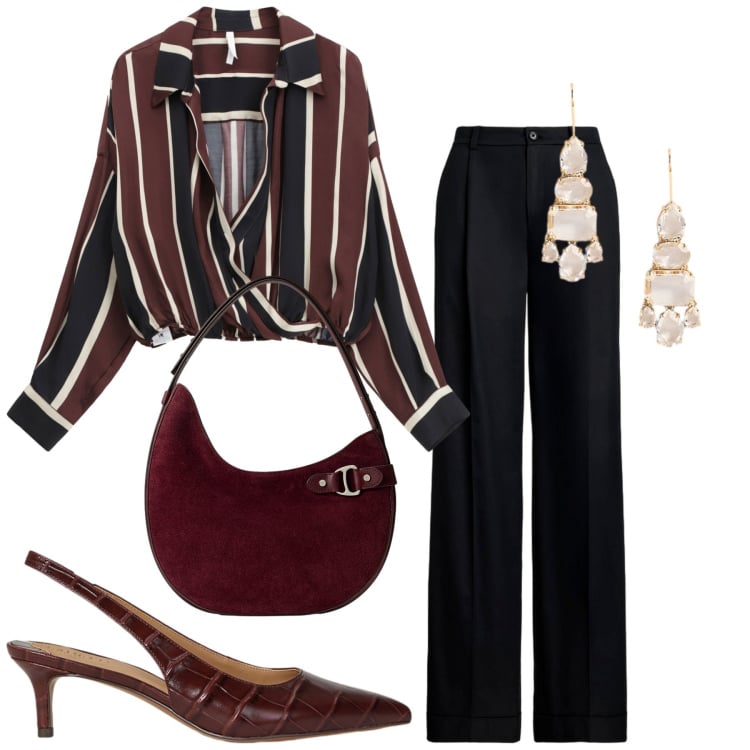 Outfit donna - Total look #2238625. Stile Chic per Serata fuori. Abbinamento con camicie, pantaloni, décolleté, orecchini, borse a spalla.