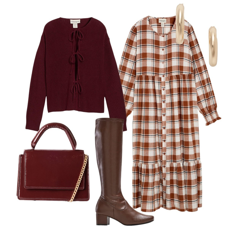 Outfit donna - In città. Stile Etnico per Tutti i giorni. Abbinamento con cardigans, stivali, vestiti midi/longuette, borse a tracolla, orecchini.