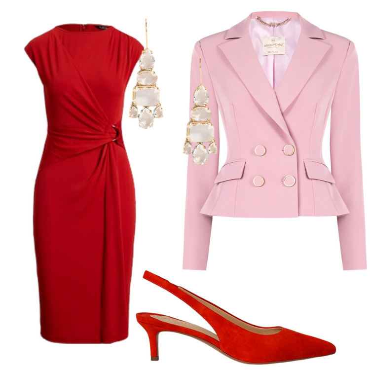Outfit donna - Rosso e rosa in ufficio. Stile Bon Ton per Ufficio. Abbinamento con blazer, vestiti, décolleté, orecchini.
