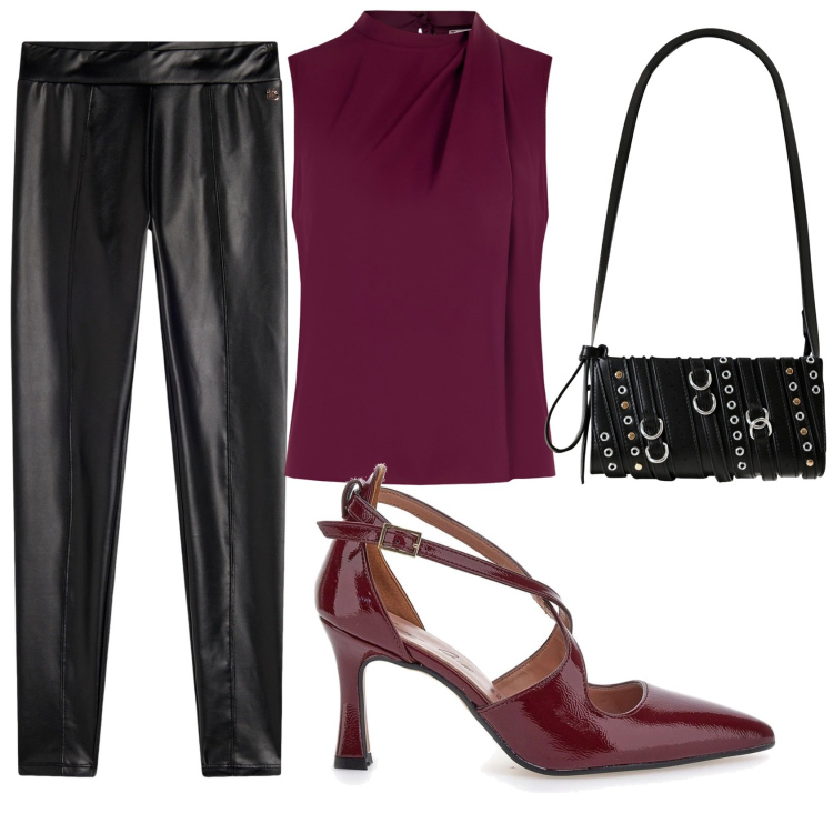 Outfit donna - I leggins di pelle di sera. Stile Chic per Serata fuori. Abbinamento con top, borse a spalla, treggings, décolleté.