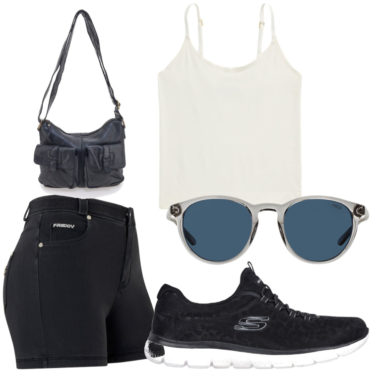 Outfit donna - In campagna. Stile Sporty chic per Sport. Abbinamento con shorts, occhiali da sole, canottiere, sneakers, borse a tracolla.