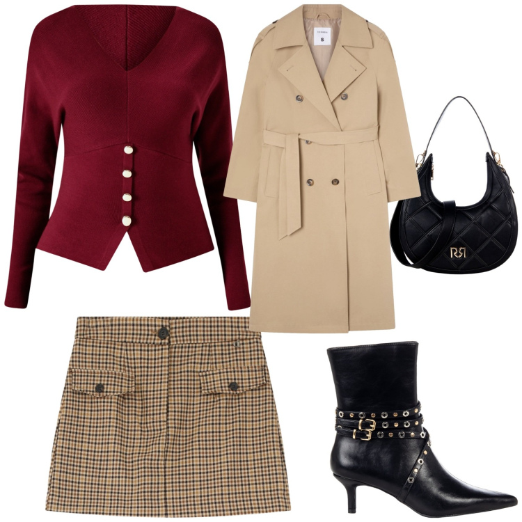 Outfit donna - Giro in centro. Stile Chic per Serata fuori. Abbinamento con trench, maglieria, borse a tracolla, stivaletti, gonne.