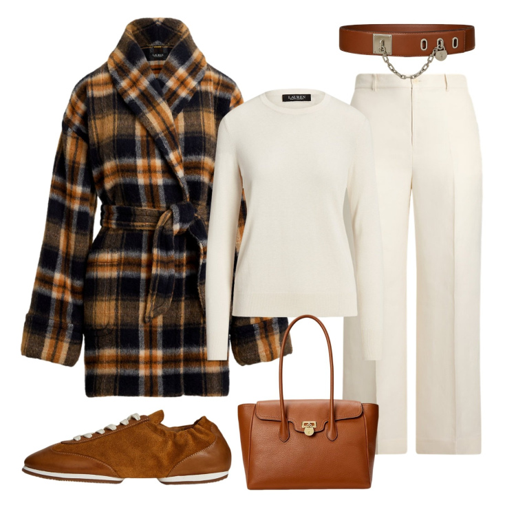 Outfit donna - Passerelle di settembre!. Stile Casual chic per Ufficio. Abbinamento con borse a mano, pantaloni, maglieria, ballerine, cappotti, cinture.