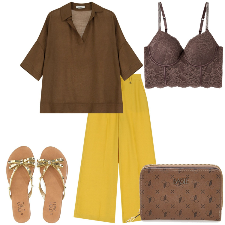 Outfit donna - Total look #2238649. Stile Casual per Tutti i giorni. Abbinamento con bralette, bluse, pantaloni, portafogli, infradito.