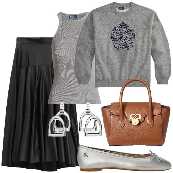 Outfit donna - Rientro cool. Stile Trendy per Tutti i giorni. Abbinamento con gonne lunghe, orecchini, canottiere, ballerine, borse a mano, felpe.