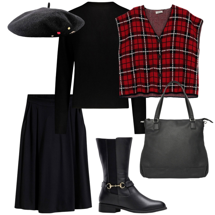 Outfit donna - Il tartan. per Tutti i giorni. Abbinamento con gonne longuette, cappelli e berretti, stivali, shopping bag, gilet, maglieria.