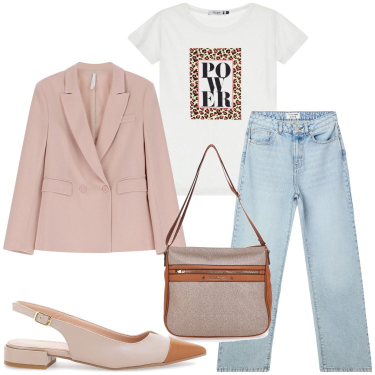 Outfit donna - Total look #2238657. Stile Casual per Tutti i giorni. Abbinamento con jeans dritti, t-shirt, blazer, ballerine, borse a tracolla.