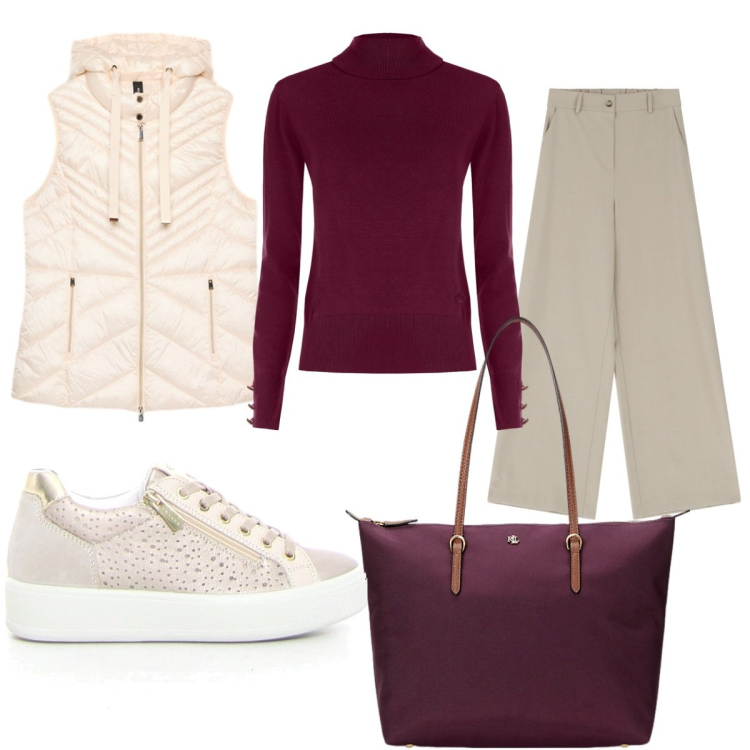 Outfit donna - Minimal chic autunnale (Curvy). Stile Casual chic per Tutti i giorni. Abbinamento con maglieria, pantaloni a palazzo, borse tote, piumini, sneakers.
