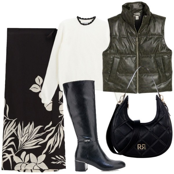Outfit donna - Gonna pareo in autunno. Stile Etnico per Tutti i giorni. Abbinamento con gilet, borse a tracolla, pullovers, gonne lunghe, stivali.