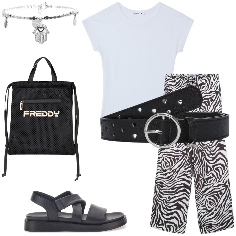 Outfit donna - Total look #2238664. Stile Casual per Tutti i giorni. Abbinamento con t-shirt, pantaloni, cinture, braccialetti, zaini, sandali in pelle.