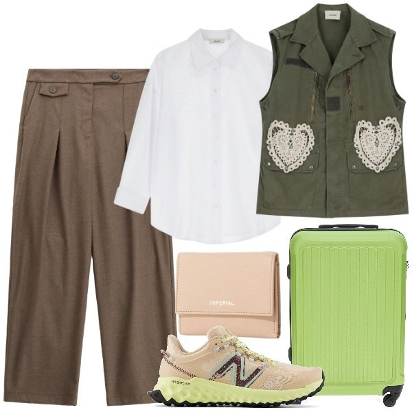 Outfit donna - Confort in viaggio. Stile Urban per Tutti i giorni. Abbinamento con sneakers, pantaloni, portafogli, camicie, gilet, valigie.