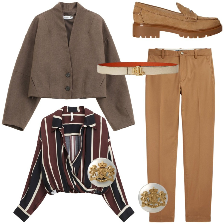 Outfit donna - Bentornato settembre. Stile Casual chic per Ufficio. Abbinamento con blazer, camicie, cinture, pantaloni chino, orecchini, mocassini.