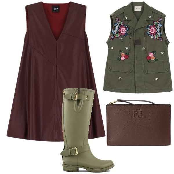 Outfit donna - Country girl. Stile Minimal per Tutti i giorni. Abbinamento con vestiti corti, gilet, pochette, stivali.