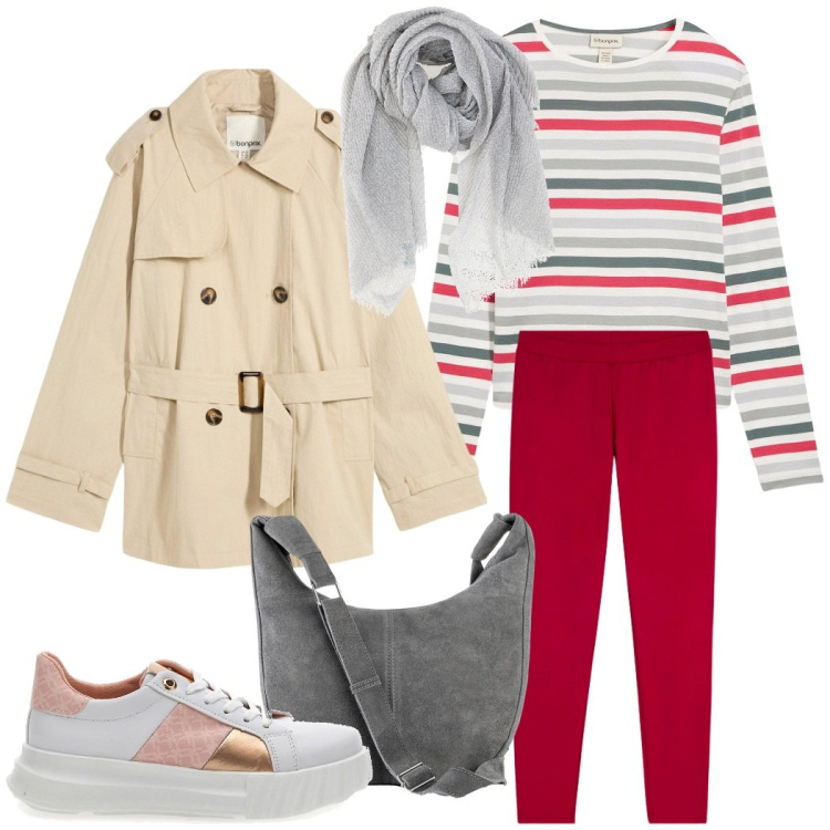 Outfit donna - Rientro in città. Stile Urban per Tutti i giorni. Abbinamento con trench, borse a mano, maglieria, leggings, sneakers, foulard.
