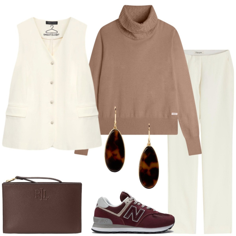 Outfit donna - Total look #2238686. Stile Minimal per Tutti i giorni. Abbinamento con pantaloni, sneakers, maglieria, orecchini, pochette, gilet.